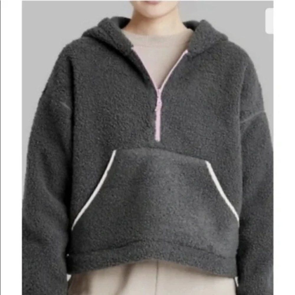 NWT Wild Fable Gray Purple Zipper Sherpa Hooded Quarter Zip Sweatshirt Hoodie